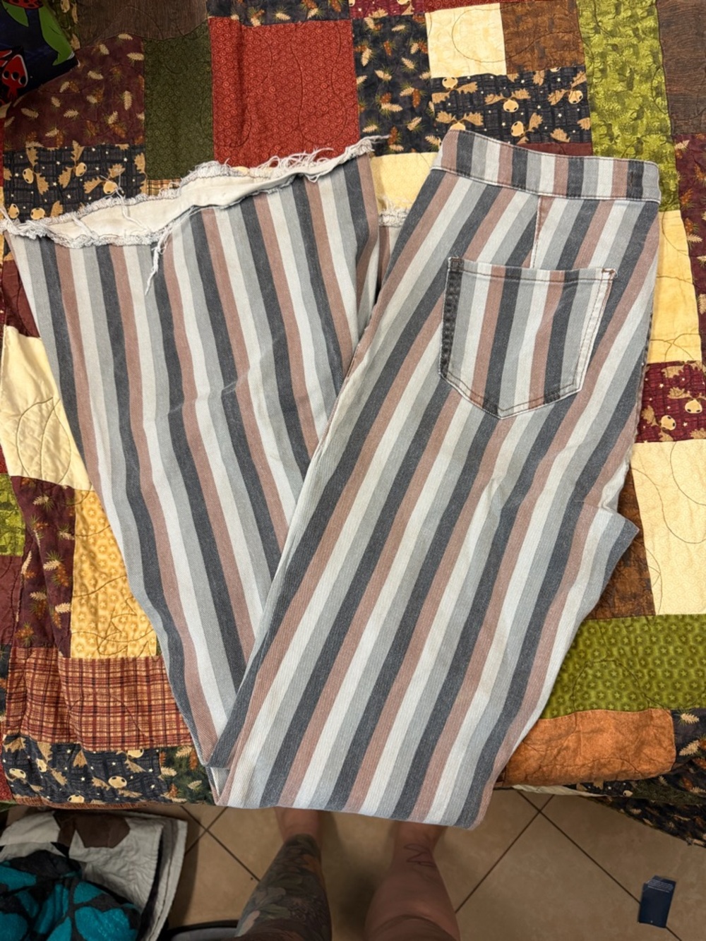 Striped Boot Cut Pants in Blue, Brown & Cream